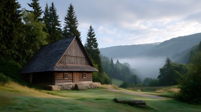 A rustic wooden cabin sits nestled in a misty mountain valley at dawn - Powered by Adobe