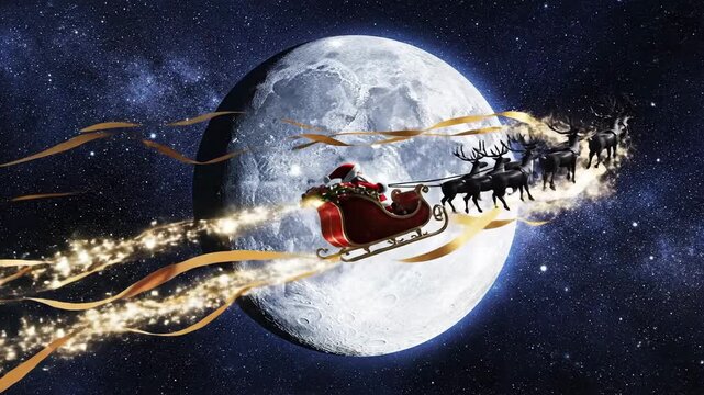 Santa Claus and reindeer sleigh soar across a starry night sky with a giant moon, spreading holiday magic and wonder on a cosmic journey.