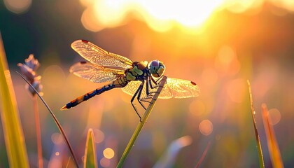 A detailed macro shot of a dragonfly perched on a thin green stem, with its wings spread and illuminated by the soft, golden light of the setting sun.