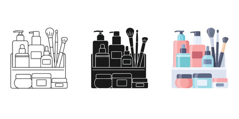 Fototapeta premium Cosmetic Product Outline Vector Set in Three Styles — Line Art, Silhouette and Color Version For Personal Care Items in a Tray
