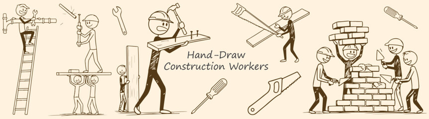 Sketch Construction Workers Tools and Teams Hand Drawn Construction Crew Illustration Building Repair and Teamwork in