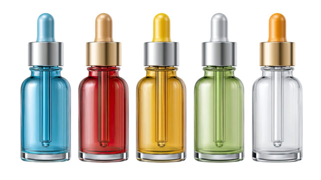 Colorful glass dropper bottles arranged in a straight row with vibrant liquid shades for product presentation isolated on white background