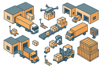Isometric collection of transportation vehicles, storage facilities, and automated delivery systems