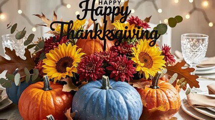 A festive thanksgiving centerpiece featuring pumpkins, sunflowers, chrysanthemums, and autumn leaves, creating a warm and inviting atmosphere happy thanksgiving - Powered by Adobe