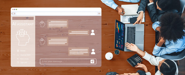 A diverse group of professionals collaborates on a project in a modern workspace, featuring an AI assistant interface on a laptop, enhancing communication and productivity. Trope