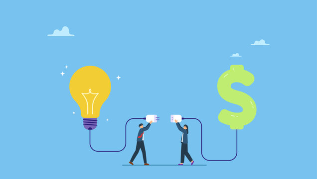 Businessman and businesswoman connect lightbulb with money dollar sign. Venture capital or financial support for startup and entrepreneur company, make money idea or idea pitching for fund raising.