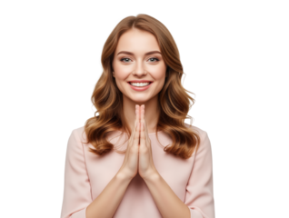 Gratitude moment as woman brings hands together in a thankful pose and looks toward viewer offering sincere appreciation helpful for hospitality feedback forms or event follow-up messages