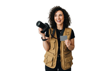 Smiling female photographer holding camera and gray card while looking aside ready to coach beginners through hands on photo lessons for workshops, course pages or education about creative skills