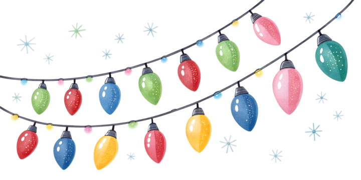 Watercolor colorful festive string lights are beautifully isolated on a transparent background, featuring delicate snowflakes, strung for joyful holiday celebrations.