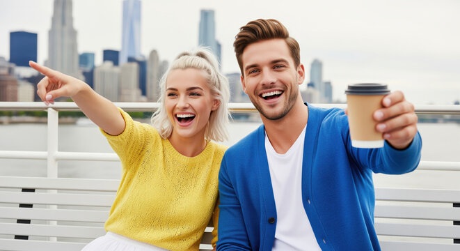 Harbor city couple laughing on deck while pointing out attractions and enjoying takeaway coffee during sightseeing cruise useful for urban tour operators plus weekend getaway offer pages