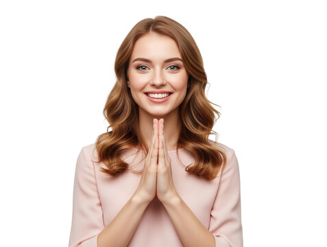 Gratitude moment as woman brings hands together in a thankful pose and looks toward viewer offering sincere appreciation helpful for hospitality feedback forms or event follow-up messages
