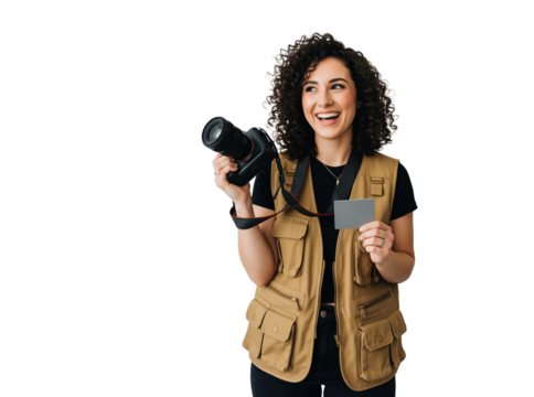 Smiling female photographer holding camera and gray card while looking aside ready to coach beginners through hands on photo lessons for workshops, course pages or education about creative skills