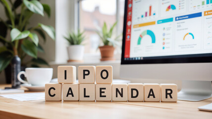 IPO initial public offering calendar spelled with blocks near computer analytics, used by brokerage teams plus finance bloggers to plan listings, investor alerts and equity opportunities