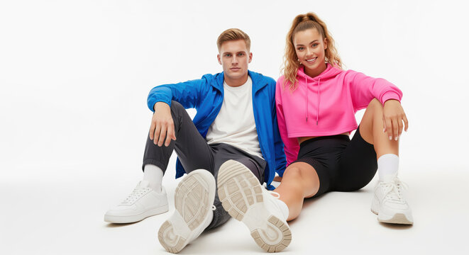Youth fitness duo in sportswear sitting on floor for gym membership flyers plus athletic club posts or activewear lookbooks targeting college audience and sports event organizers