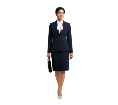 Confident businesswoman walking forward with briefcase, looking ahead with focused smile on her way to a meeting, useful in law firm career or finance sector slides about client meetings