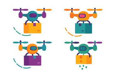 Fototapeta premium Colorful delivery drones transporting cardboard boxes for logistics and shipping services