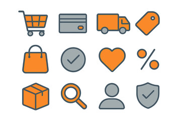 Essential e-commerce and online shopping icons featuring payment delivery and security symbols