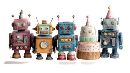 Colorful vintage-style toy robots standing together in a row with playful handcrafted details and decorations isolated on white background