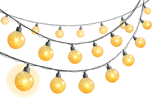 Multiple strands of bright golden spherical bulbs glow warmly, hanging decoratively, creating an inviting light display, isolated on a transparent background.