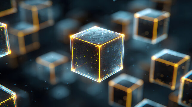 AI cloud computing concept with floating server cubes, glowing edges, abstract tech background. - Powered by Adobe
