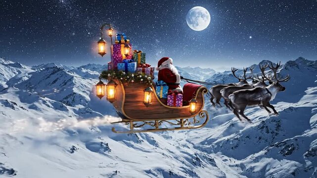 Santa Claus and reindeer sleigh dynamically soar through a starry winter night sky delivering gifts over snow-capped mountains