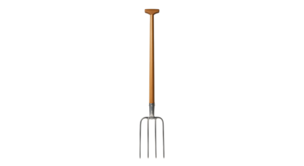 Hay fork with long wooden handle and steel tines isolated on transparent background

