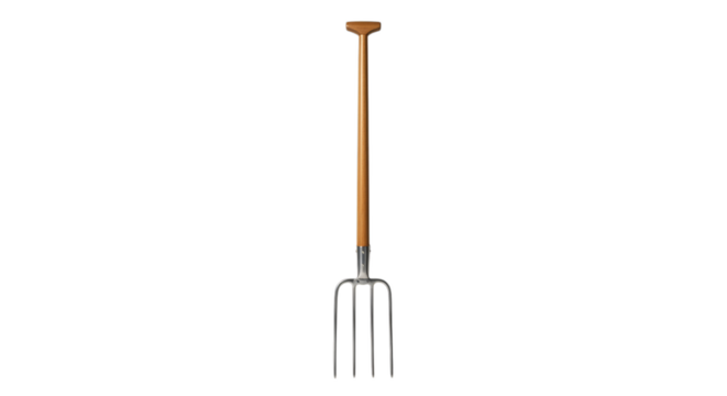 Hay fork with long wooden handle and steel tines isolated on transparent background

