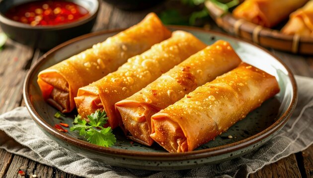A close-up shot of four golden-brown, crispy fried egg rolls arranged on a plate, accompanied by a small bowl of red dipping sauce and a sprig of parsley.