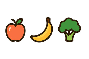 Colorful icons of, banana, and broccoli symbolizing healthy eating and nutrition