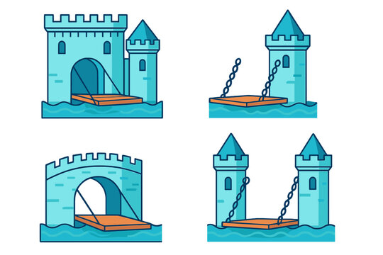 Set of four medieval castle elements with drawbridges and towers over water