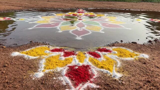 Vibrant Rangoli Art Adorns Reflective Puddle on Earthy Ground, Capturing Festive Spirit