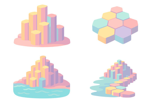 Abstract isometric pastel geometric shapes, hexagonal columns and stepping stones