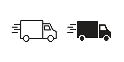 Fast shipping delivery truck icon flat and thin stroke vector pack. Editable icons set