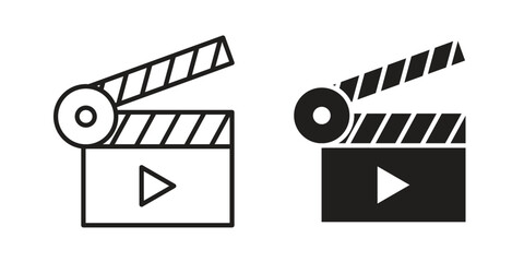 Film clapperboard icon flat and thin stroke vector pack. Editable icons set