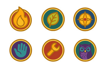 Colorful set of six round badges featuring symbols for nature, elements, guidance, tools, and wisdom