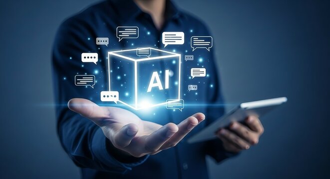 Person holding a glowing cube with ai symbol and digital icons