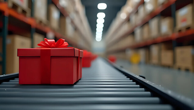 A red christmas gift box on conveyor belt transport, warehouse distribution center - Christmas celebration, present, smart logistics automation, marketplace delivery, industry inventory - Powered by Adobe