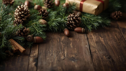 Holiday greeting card background with candles, pine branches, and Christmas gift on wooden surface.