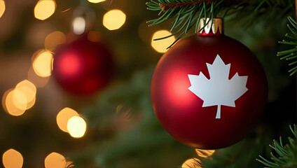 A red christmas bauble ornament with white canadian maple leaf symbol, hanging on pine branch decorated christmas tree - Canadian Christmas celebration, patriotism, unity, honor, national pride