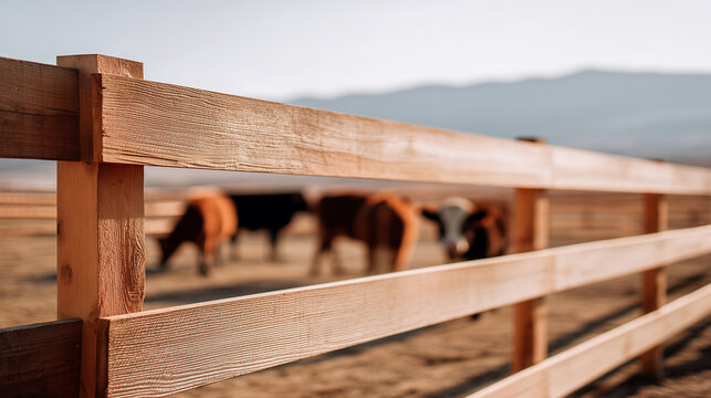 Wooden fence on ranch with cattle grazing in background. Rural farm landscape with livestock behind timber rail fencing. Agricultural scene with mountains and pasture in warm sunlight at countryside. - Powered by Adobe