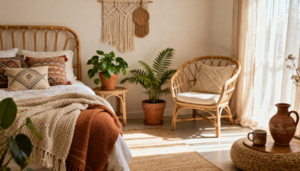 Cozy Natural Boho Bedroom Interior create with ai