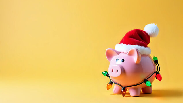 A pink piggy bank wearing santa hat, tangled in colorful christmas lights, copy space - holiday savings, budget, investment, business growth, future financial planning, Christmas celebration - Powered by Adobe