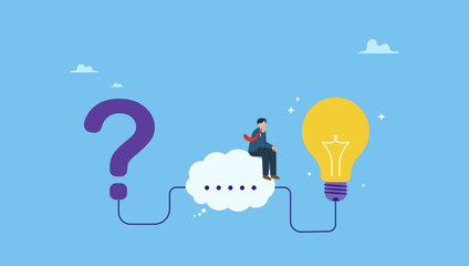 Businessman on thinking bubble connect question mark to lightbulb solution. Problem solving skill, critical thinking or finding solution to solve problem, answer question, creativity or imagination. © Saklarboy
