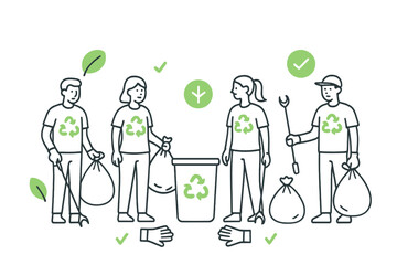 Volunteers collecting garbage and promoting recycling awareness during a community cleanup