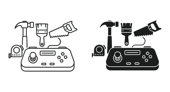 Gaming and building concept featuring a video game controller, hammer, saw, paintbrush, and tape measure icons.