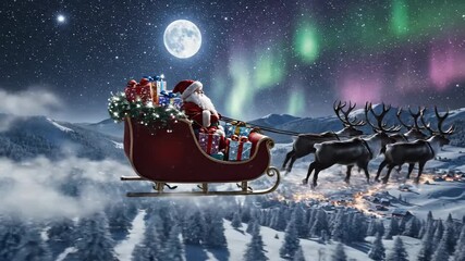 Magical Santa and reindeer sleigh fly over snowy mountains under a starry, moonlit night sky, delivering gifts to a winter village below - Powered by Adobe