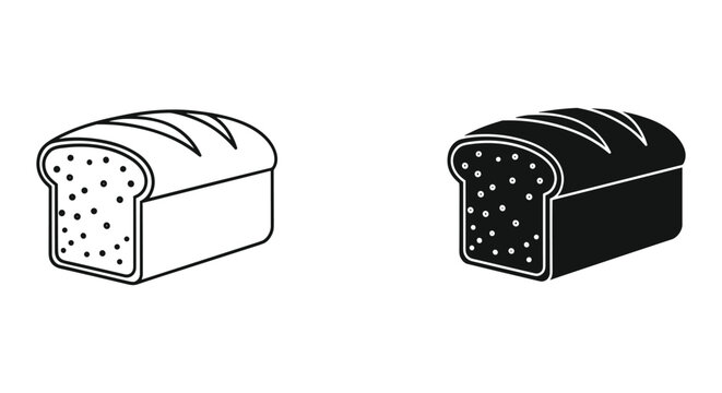 Bread loaf outline and filled icon set, wholewheat or white, baked food symbol for bakery and breakfast menus
