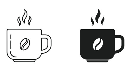 Outline and solid fill coffee cup icons with steam and a bean, representing hot beverage symbol or cafe design element