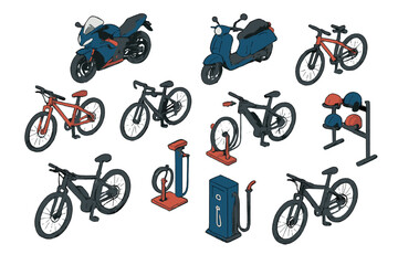 Collection of personal transportation vehicles including motorcycles, scooters, bicycles, and maintenance tools