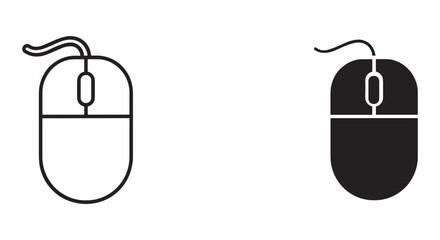 Computer mouse icon set, featuring both outline and solid filled vector graphic designs for digital interface